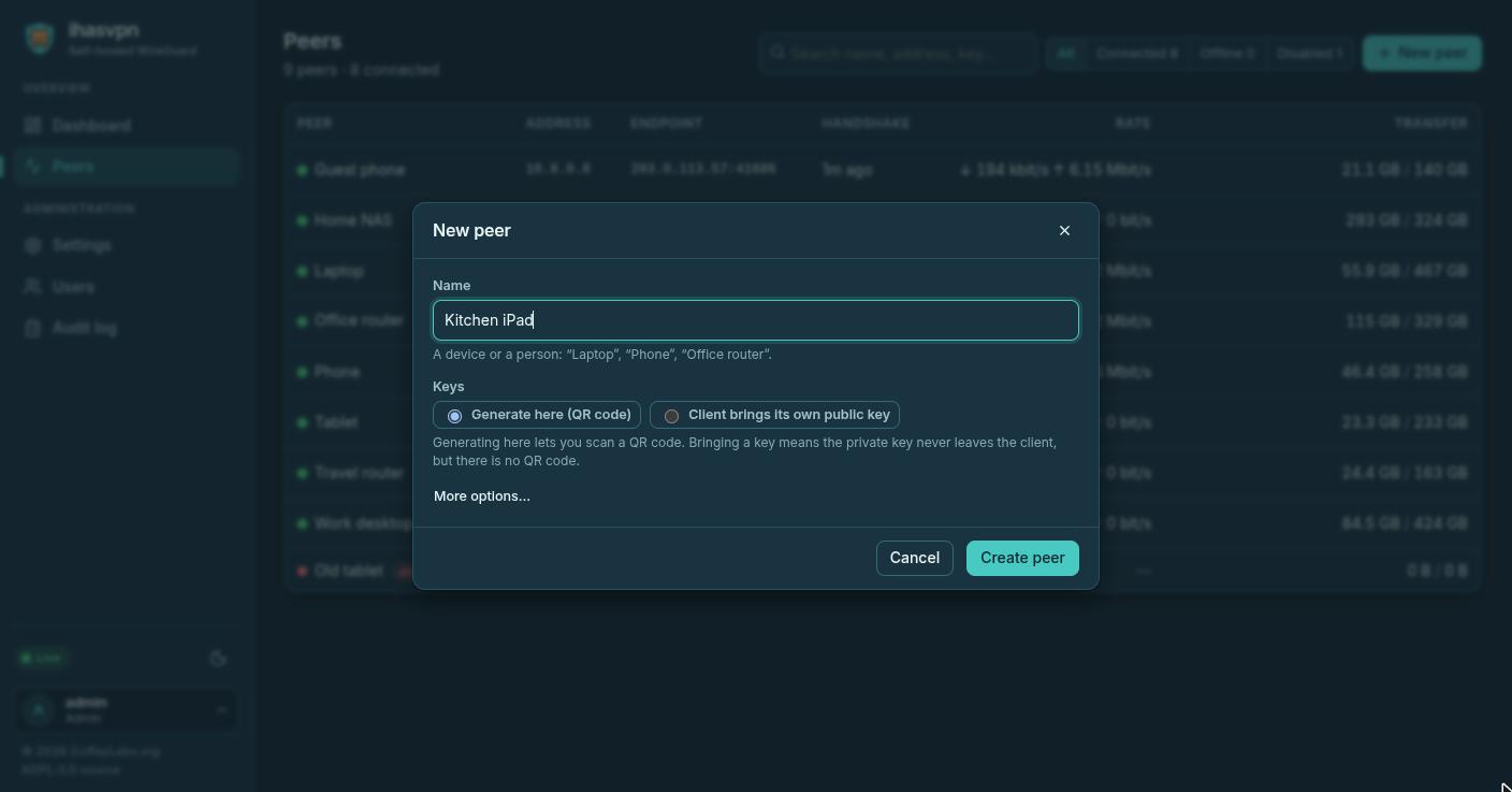 Adding a device in ihasvpn